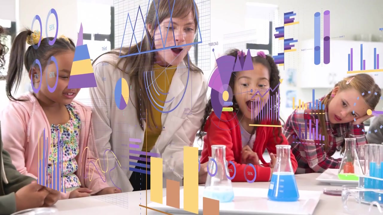 Guru menuangkan cairan bening ke dalam labu biru, murid-murid memperhatikan, grafik menunjukkan reaksi, mengajar STEM.