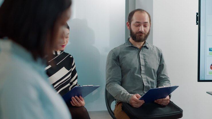 Man and asian woman having conversation about work offer
