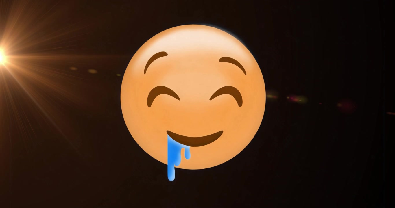 Opening animation showing drooling face emoji elongating drool stream with flare visualizing motion