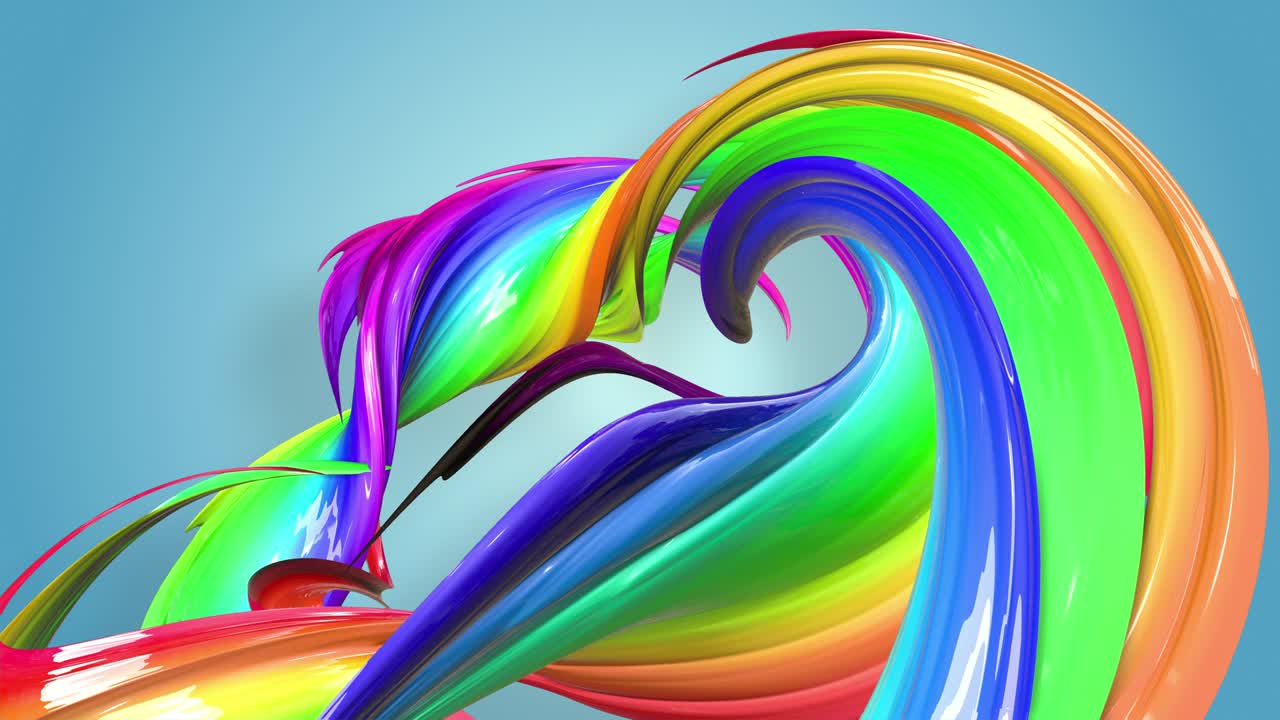 다채로운 리본을 가진 추상적인 무의 배경: 무지개 줄무는 원으로 움직이고 휘어집니다.