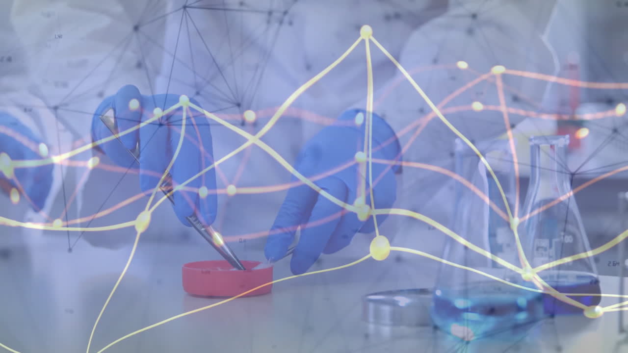 Scientific data network animation over lab technician working with petri dish