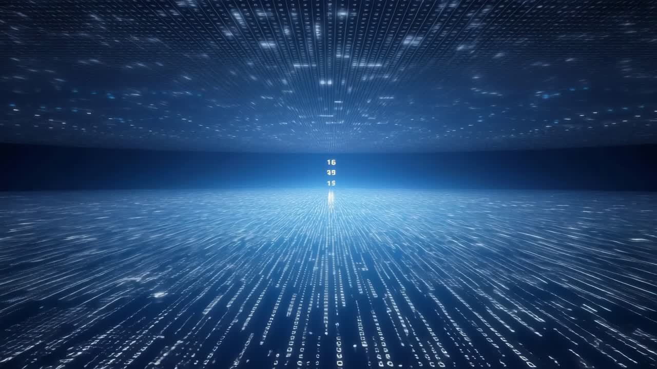 Futuristic digital landscape with a low-angle view, showcasing a grid of glowing lines and dots