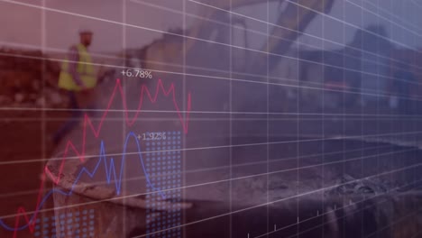 Animation-of-graphs,-growing-numbers,-close-up-of-smoke-from-burning-scrap-against-man-and-crane