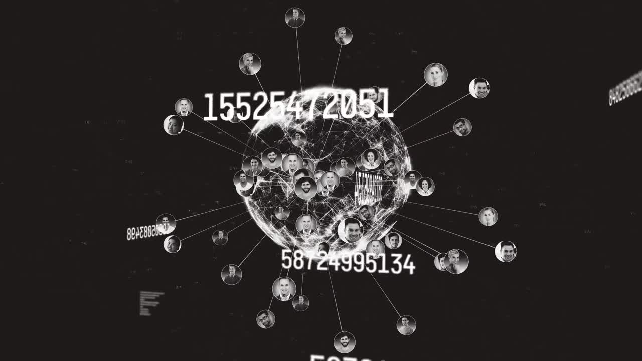 검은 바탕에 연결 웹과 아이콘을 통해 과학 데이터 처리의 애니메이션