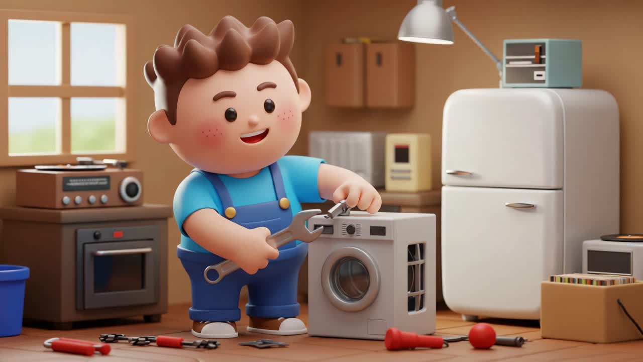 A cheerful character in a playful 3D animation is fixing a washing machine with a wrench in a cozy, colorful kitchen full of tools and appliances