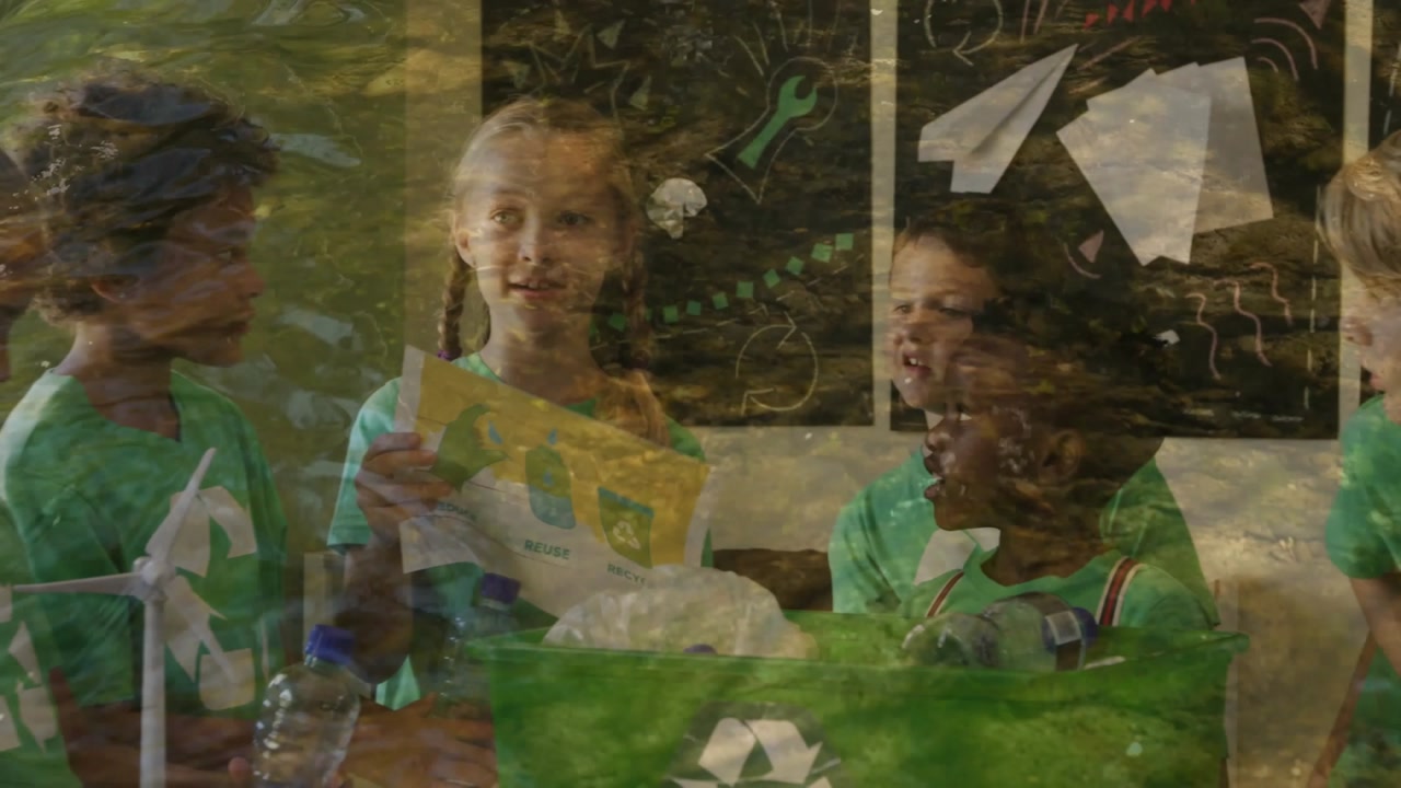 Presenter raising recycling poster, peers leaning in and placing bottle into green bin, teaching