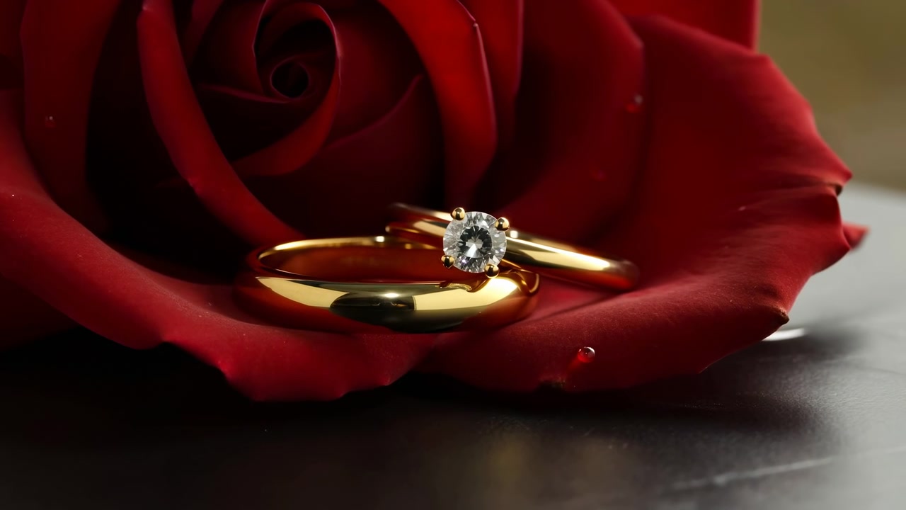 Zwei polierte Goldringe ruhen in samtigen roten Rosenblättern, einer mit klarem Edelsteindetail, auf einer dunklen, spiegelnden Oberfläche unter warmem, weichem Licht für eine elegante Luxusgeschenkstimmung, mit Ring, Diamant