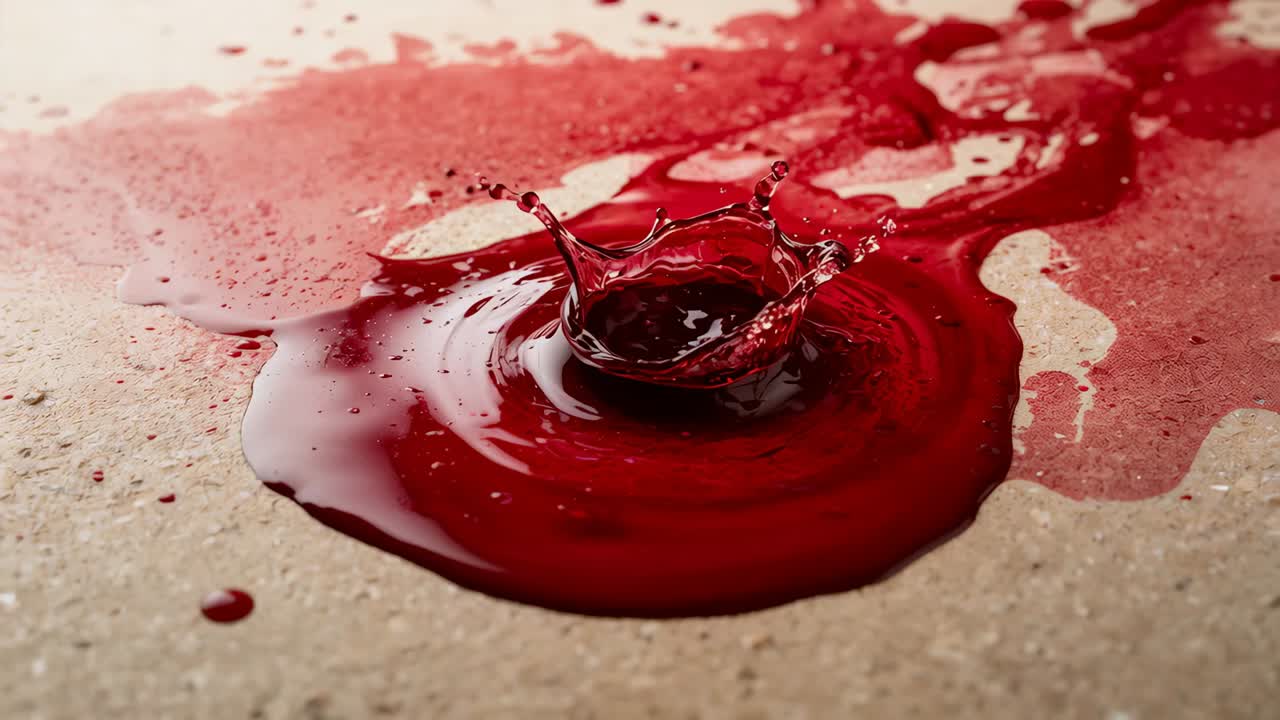 Impacting droplet hitting glossy red pool on beige surface, crown forming and ejecting satellites