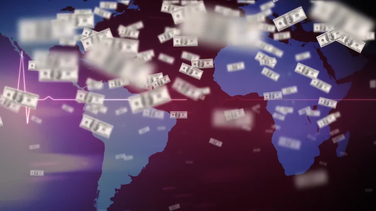 심박수 모니터 와 세계 지도 위 에 떠 있는 미국 달러 지폐 의 애니메이션