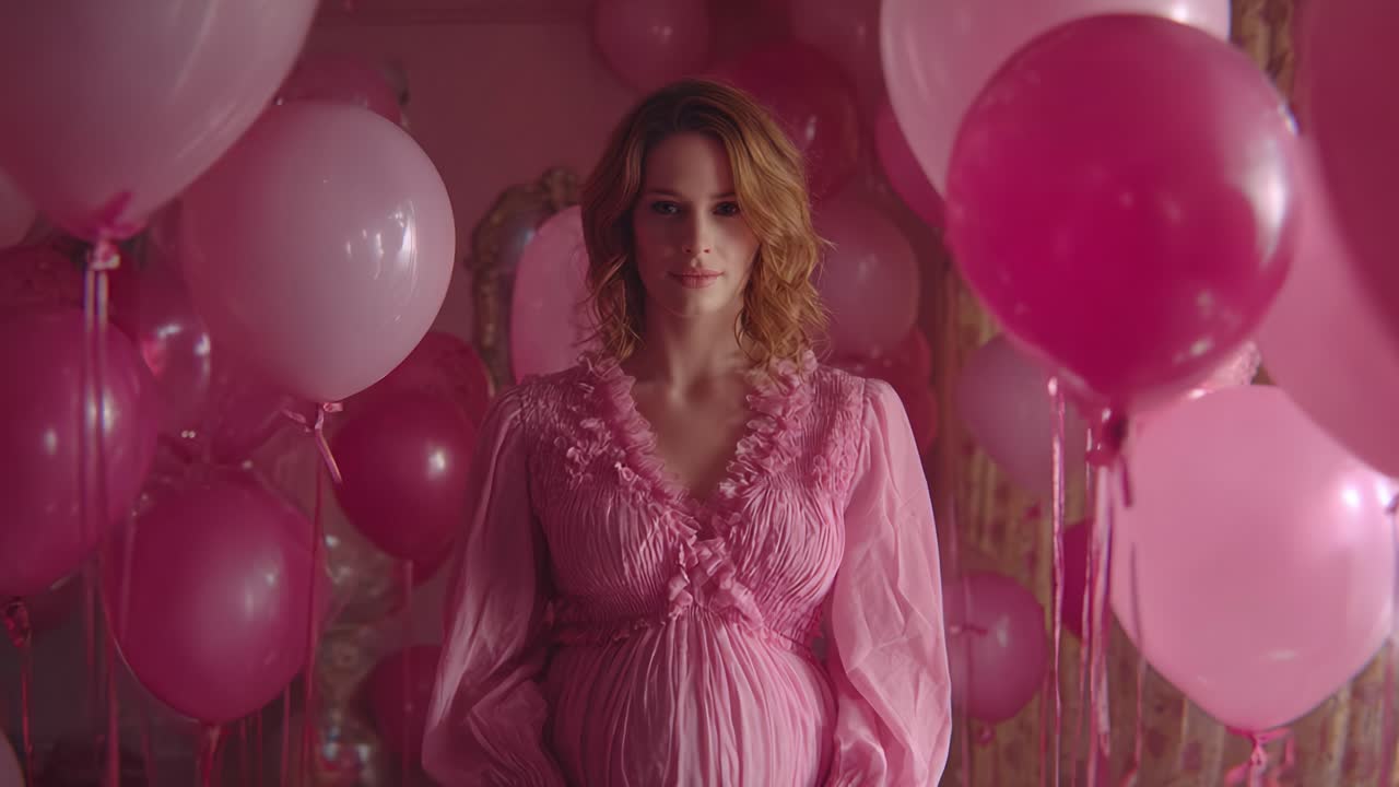 A Glimpse of Celebration: A Beautiful Pregnant Woman Surrounded by Pink Balloons in a Dreamy Setting, Capturing the Joy and Anticipation of Motherhood