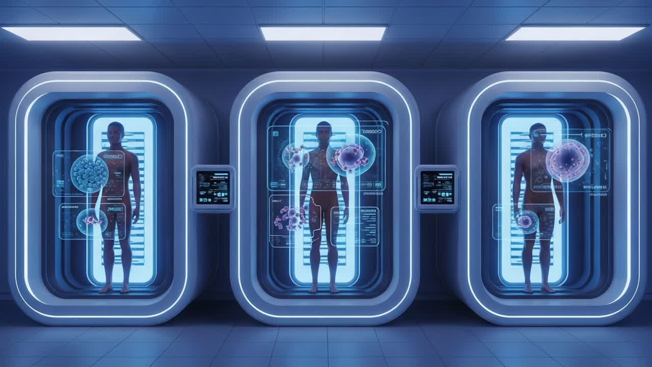 Laboratorio futuristico con figure sospese e schermi olografici che illustrano strutture cellulari e processi biologici in un'ambientazione fantascientifica