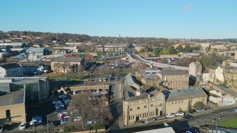 busy small town of dewsbury west yorkshire with busy road