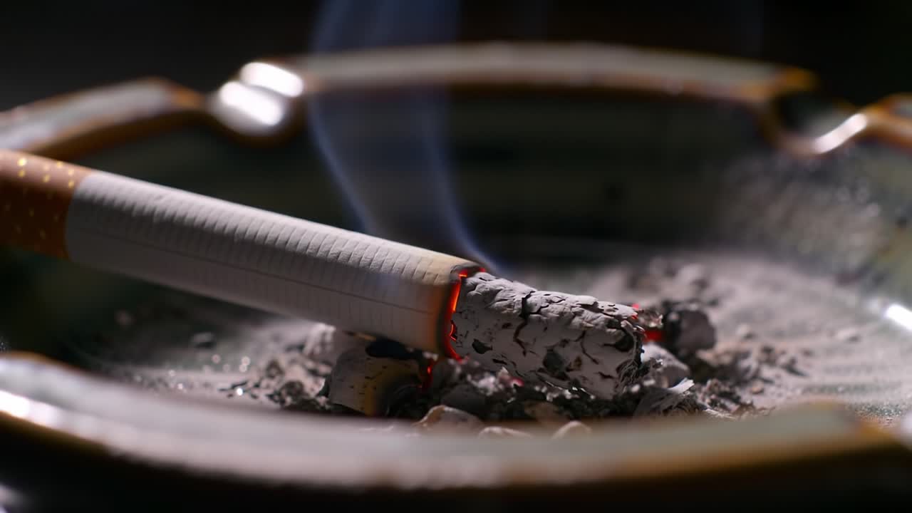 Cigarette Slowly Burning in an Ashtray While Smoke Rises in a Dimly Lit Room