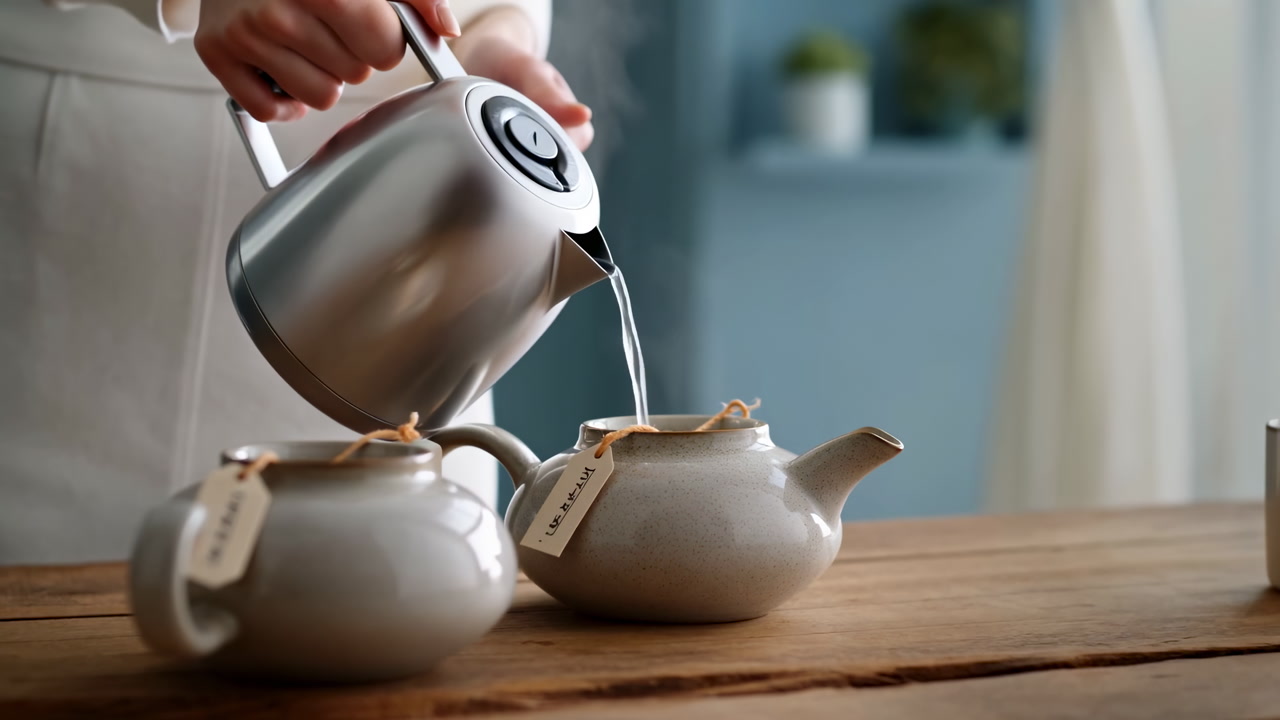 Stainless Kettle Pouring Into Ceramic Teapots On Wooden Table, Closeup Hand Pouring Hot Water From Electric