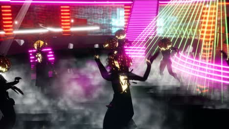 dancing pumpkin men are having fun in the night disco during halloween. seamless looping animation for holiday and halloween backgrounds.