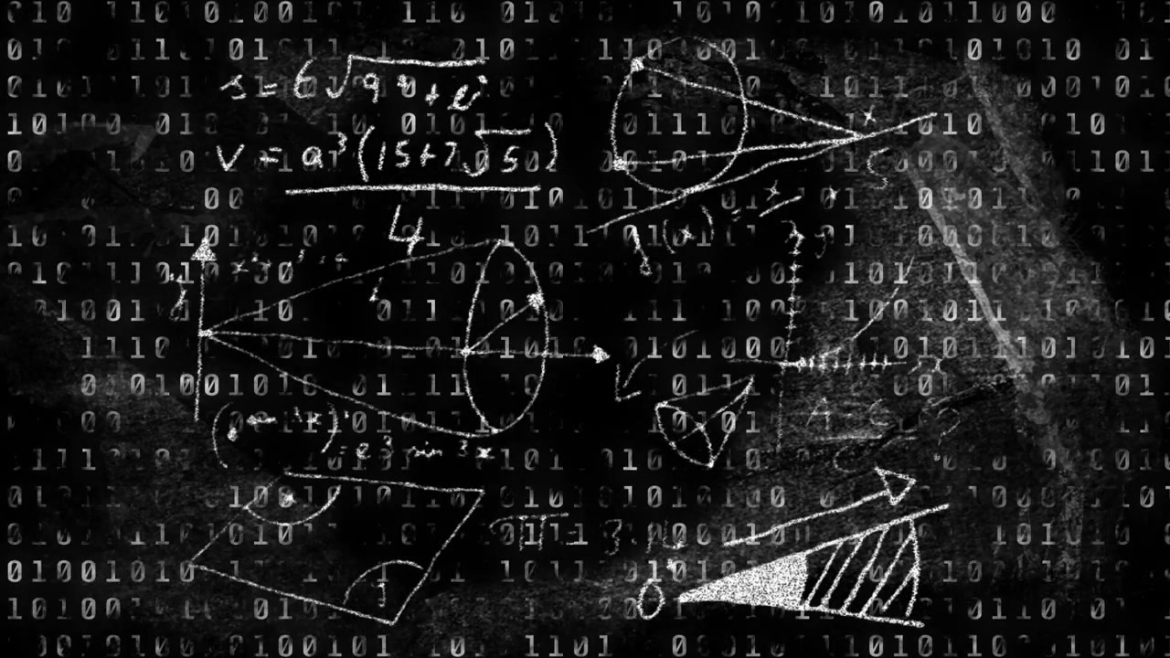 After pause binary code forming backdrop chalk math sketches fading flickering out showing formulas