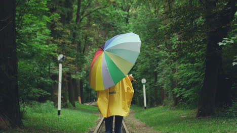 back view of a young woman in a yellow raincoat walking with an umbrella