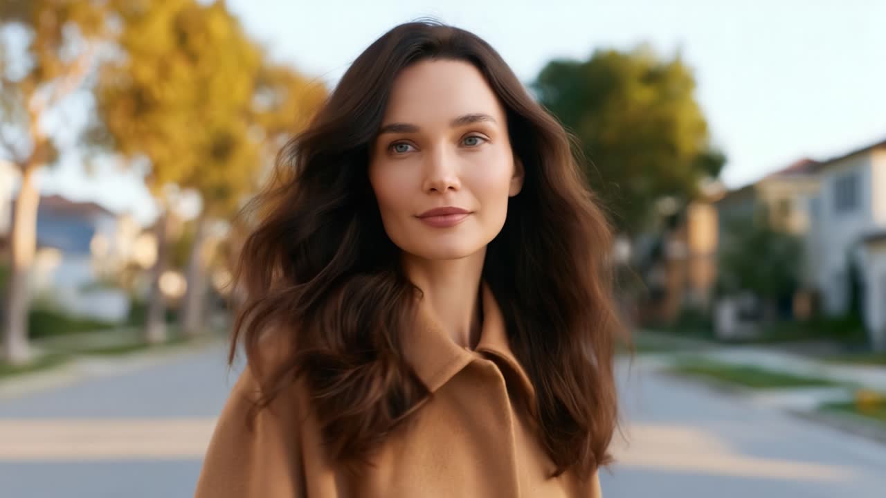 Un momento sereno: ritratto accattivante di una donna con lunghi capelli fluenti in un tranquillo ambiente suburbano, che mostra bellezza naturale e stile.