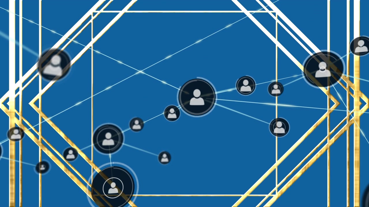 Animation of network of connections with icons over shapes on blue background