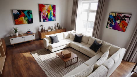 modern living room with white sectional sofa and abstract art