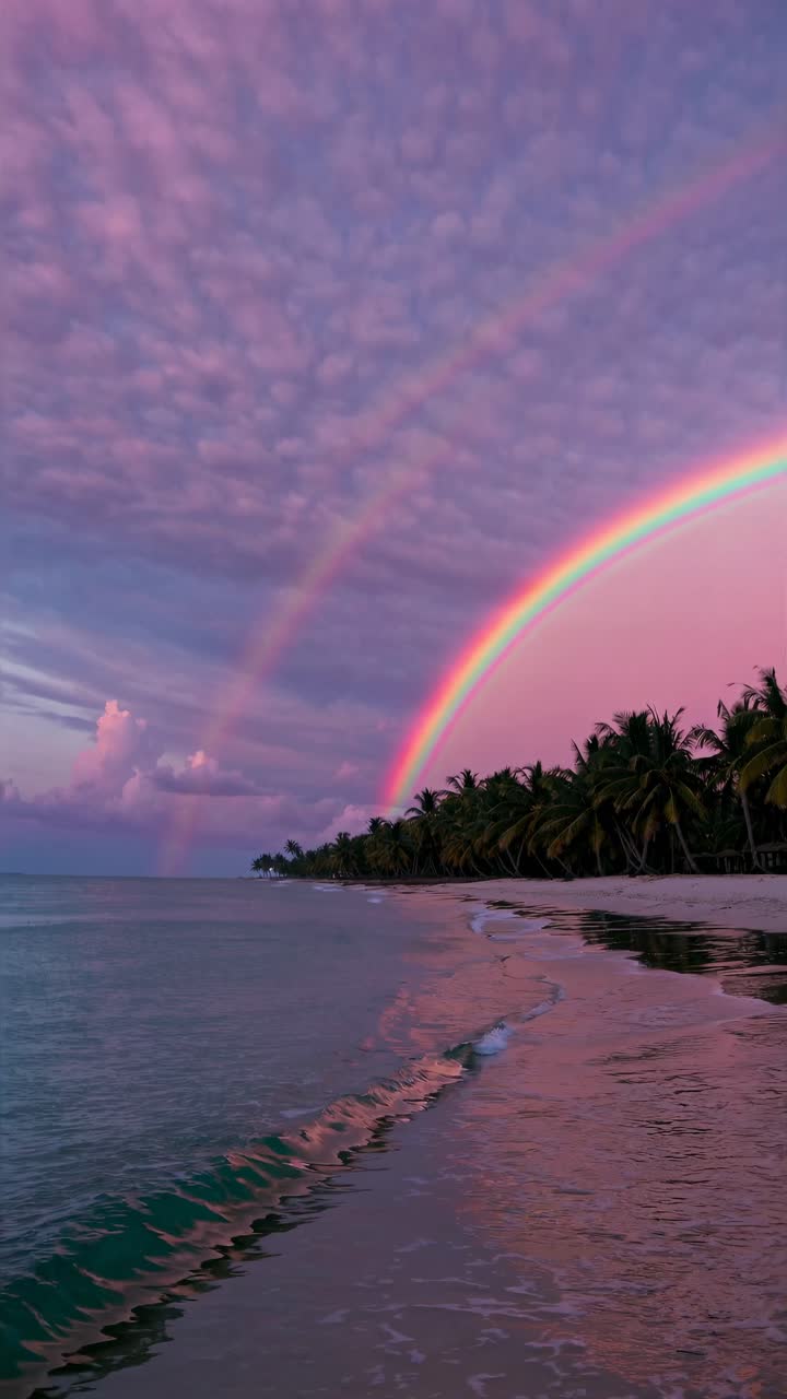 A serene beach scene at sunset with vibrant double rainbows. Low-angle shot captures waves and palm