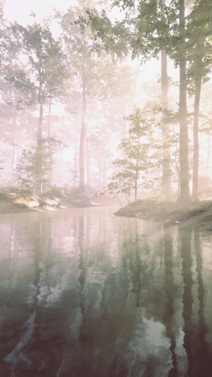 Sunlight streams through trees illuminating a tranquil forest lake