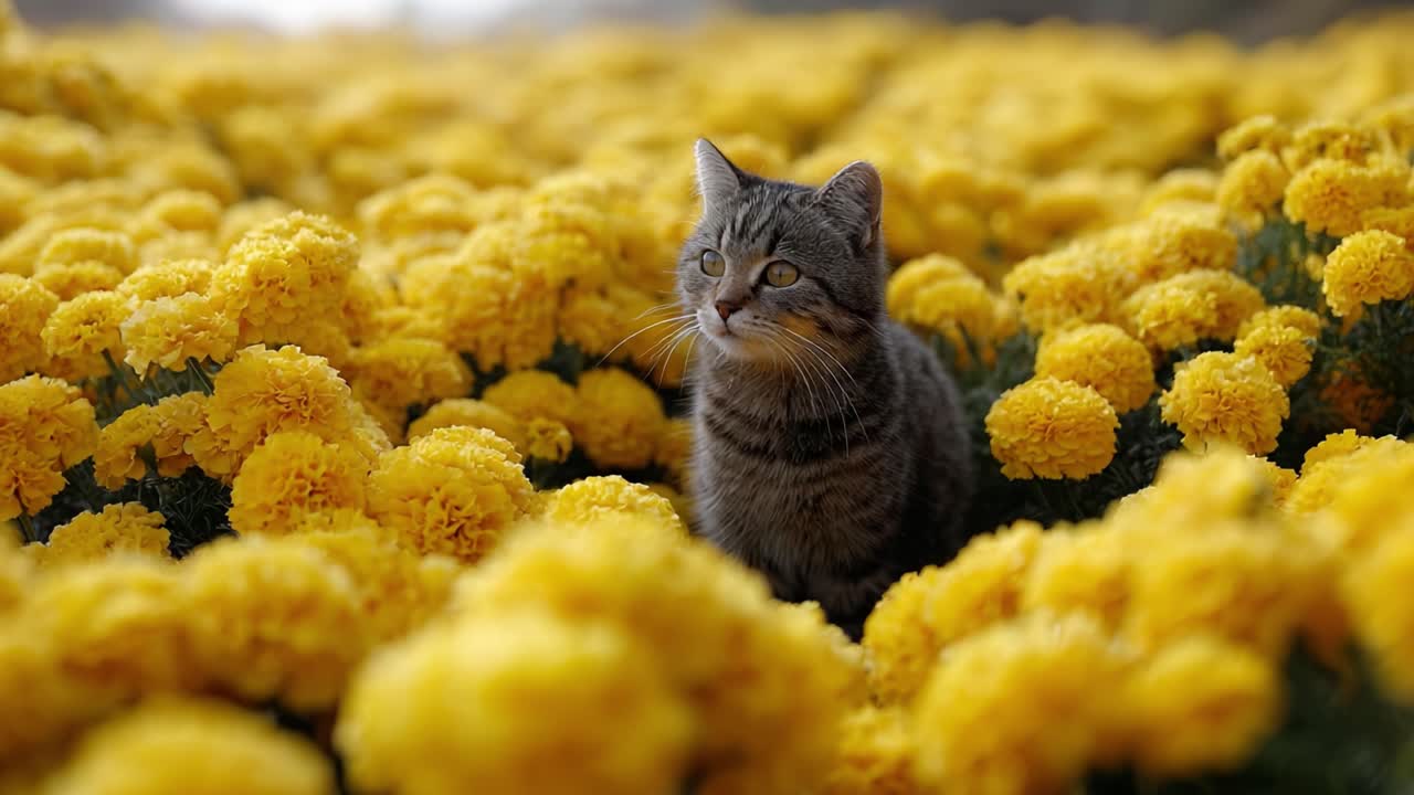 A Curious Cat in a Vibrant Field of Yellow Marigolds, Exploring Nature's Beauty and Enjoying the Serenity of a Flower-Packed Environment
