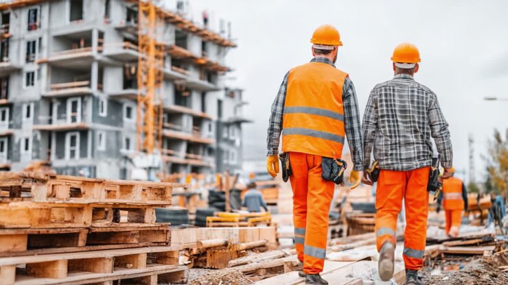 Twee bouwvakkers in feloranje kleding en helmen lopen naar een bouwplaats, klaar om het lopende bouwproces in een moderne stedelijke omgeving te overzien.
