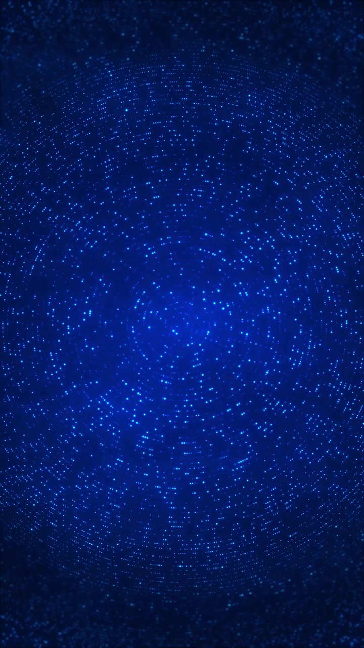 Sfondo di sfera di particelle circolari blu con migliaia di punti luminosi, profondità a spirale e scuro