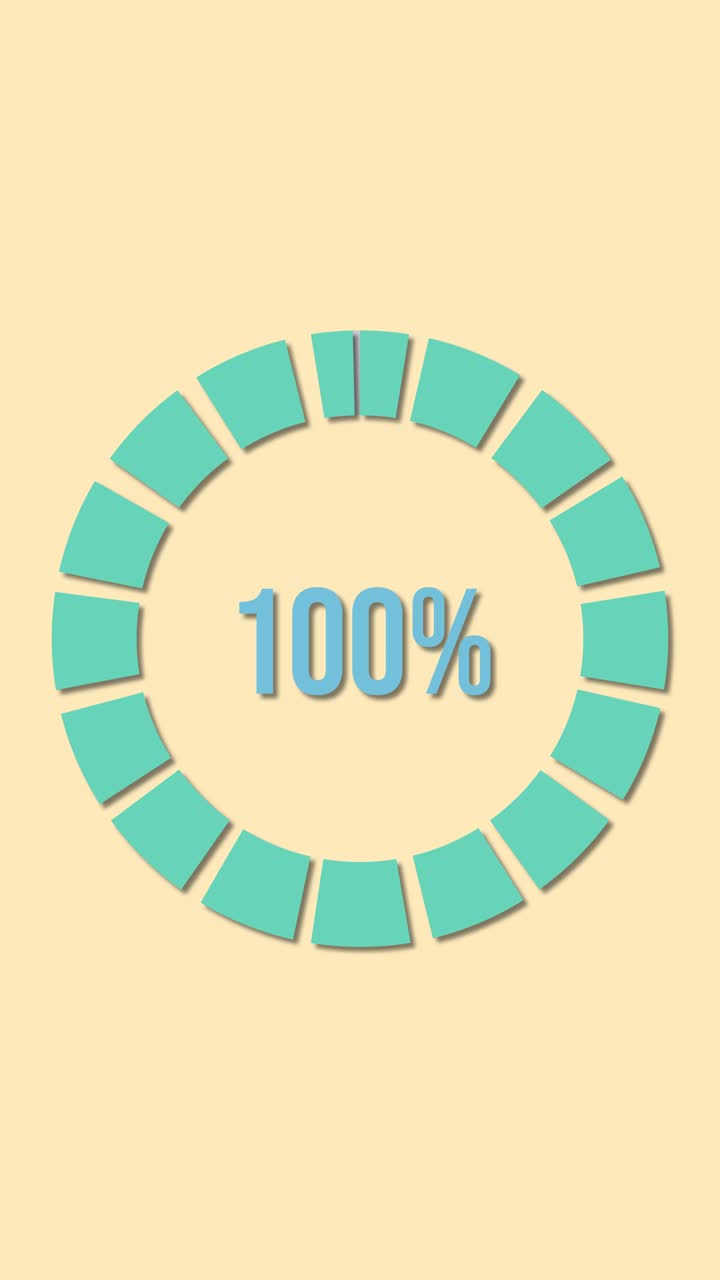 Circular progress bar animation increases from 16% to 100% over eight seconds, featuring teal segments on a yellow background