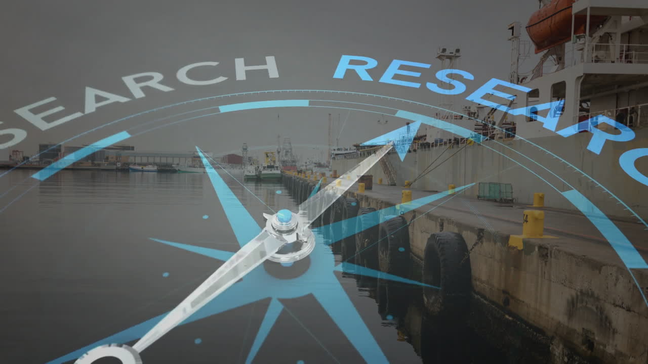 animación de la brújula con texto de investigación sobre el astillero