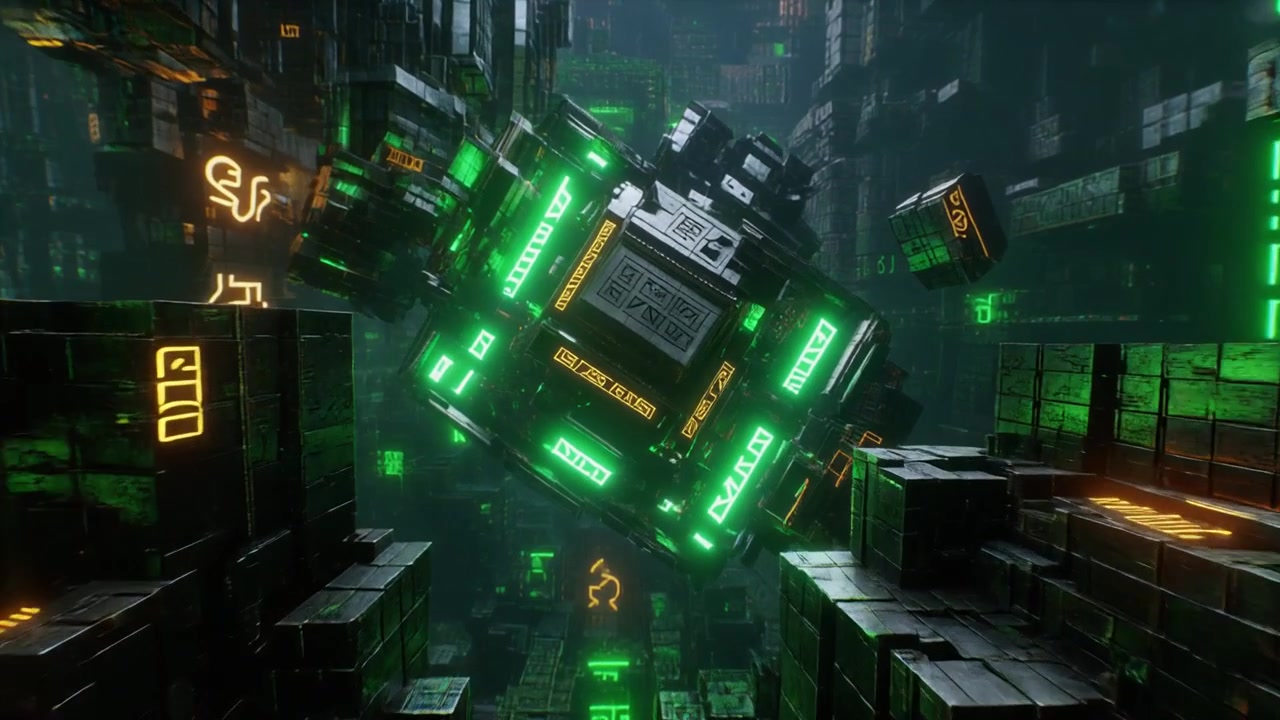 Futuristic Glowing Cube Floating in Abstract Digital Matrix Environment