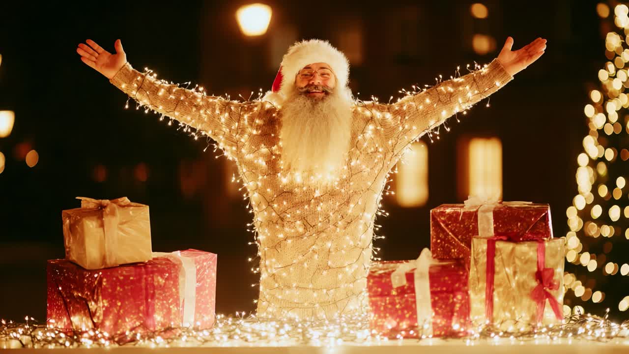 A Festive Celebration Featuring a Joyful Figure Dressed in Lights Embracing the Holiday Spirit, Surrounded by Colorful Wrapped Gifts and a Beautifully Lit Background, Capturing the Essence of Christmas Cheer