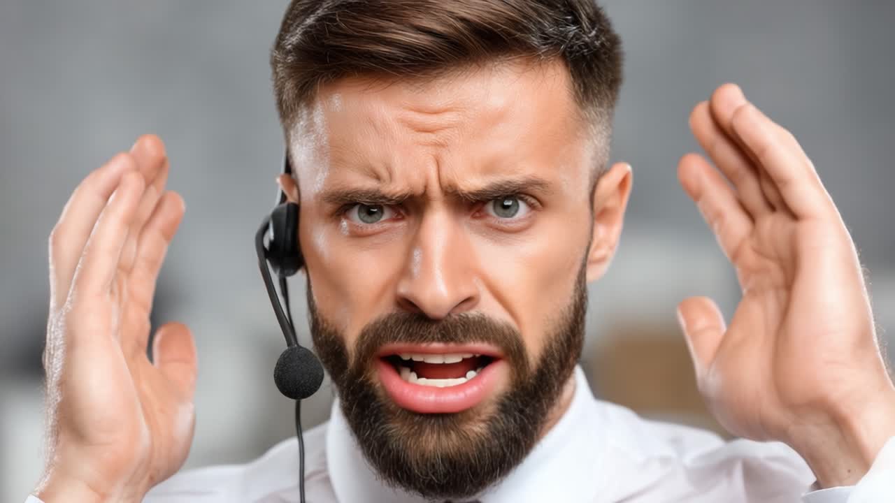 Addetto all'assistenza clienti frustrato che esprime difficoltà con un headset in una situazione di forte pressione, dimostrando chiaramente segni di stress e sopraffazione