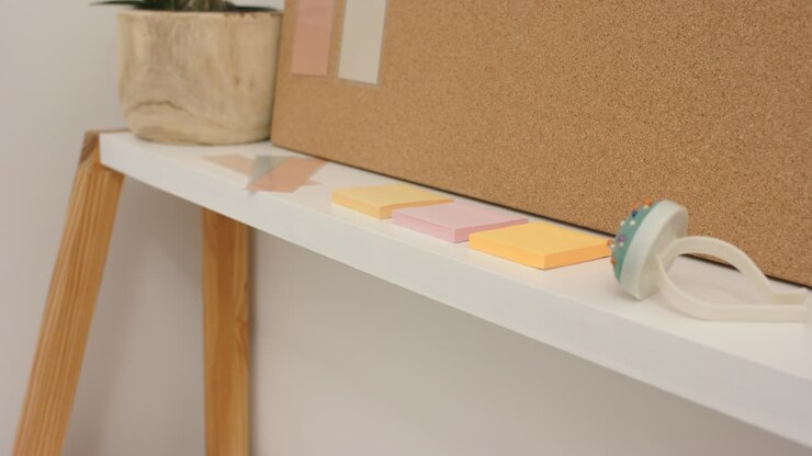 La telecamera panoramica su una mensola della scrivania, mostrando una pianta grassa, una bacheca di sughero, post-it e un dispenser di nastro adesivo.
