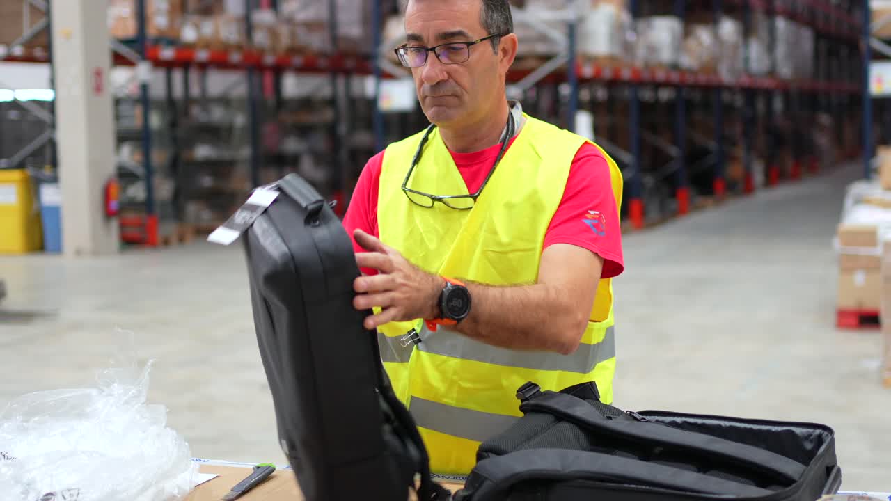 Man with backpack in warehouse