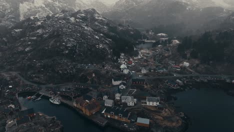 aerial drone view of traditional lofoten fishing village in nusfjord, flakstadøya, norway.