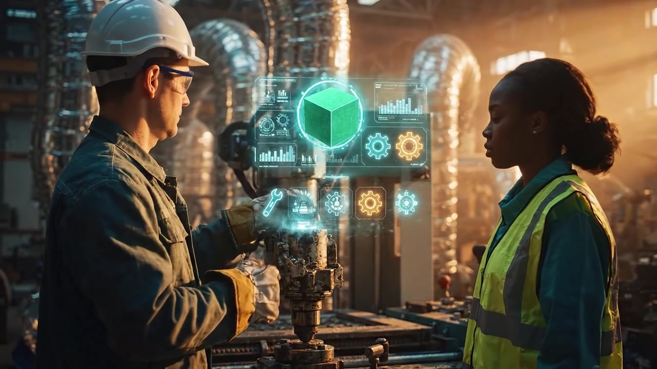 Industrial Engineers Working with Holographic Augmented Reality in a Factory