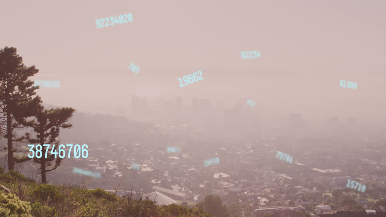 도시 풍경의 공중 전망에 대해 떠다니는 여러 개의 변화하는 숫자의 애니메이션