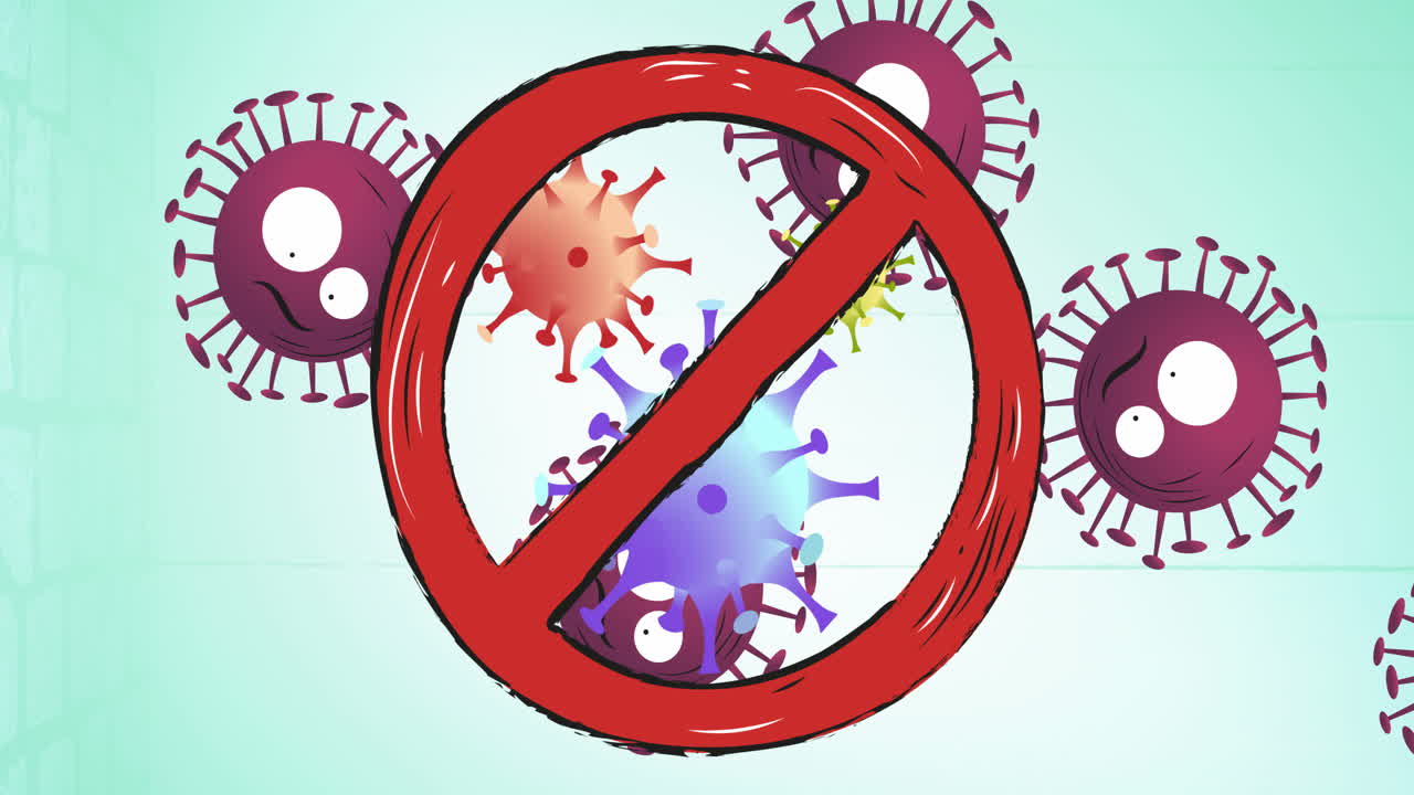 녹색 배경에 코로나19 세포 위에 입국 금지 표지판의 애니메이션