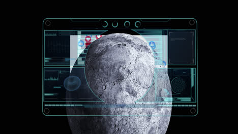 animación digital de la interfaz con procesamiento de datos sobre la luna contra un fondo negro