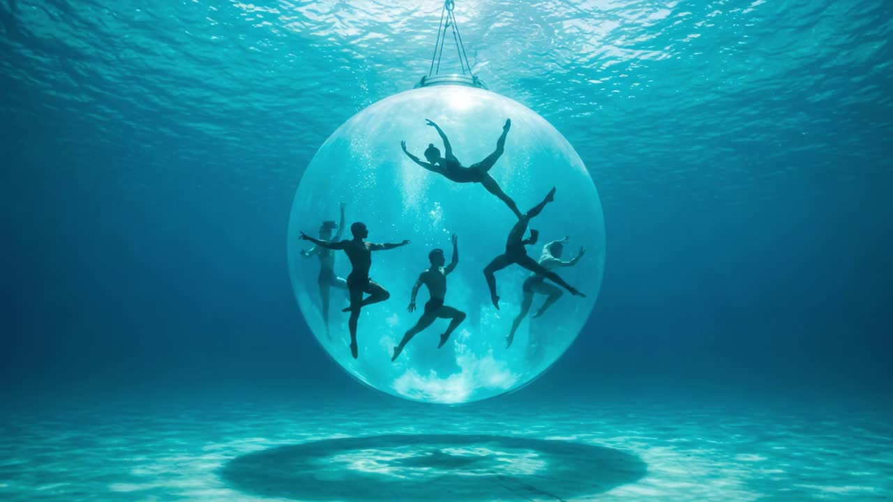 A mesmerizing underwater scene captures a group of synchronized swimmers gracefully performing artistic poses inside a transparent spherical enclosure, showcasing fluid movement and beauty