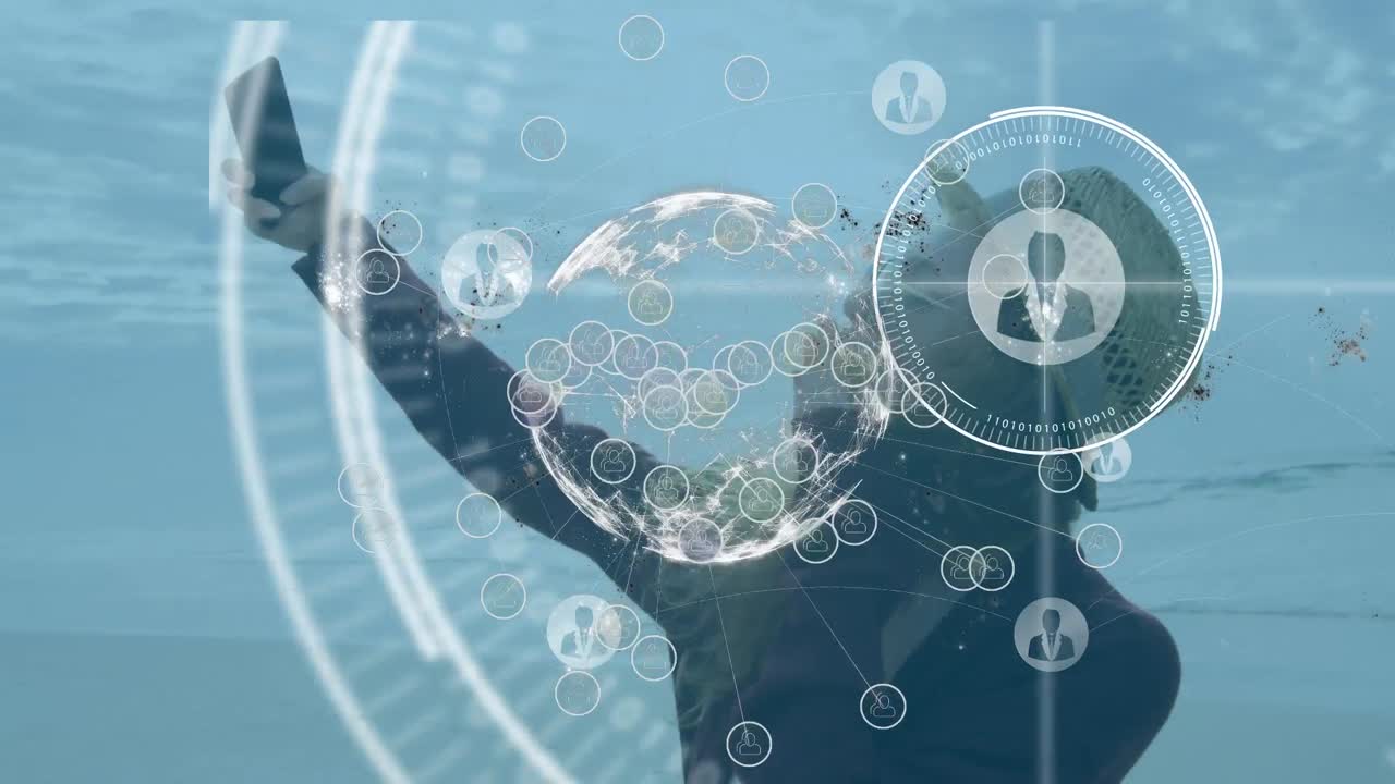 해변에 있는 백인 여성과 함께 전 세계와의 연결 네트워크의 애니메이션