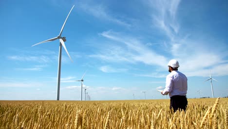 worker of a wind power plant in a yellow wheat field