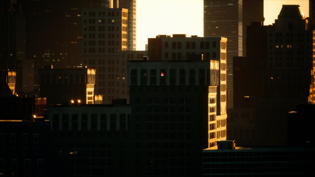 rascacielos de la gran ciudad al atardecer