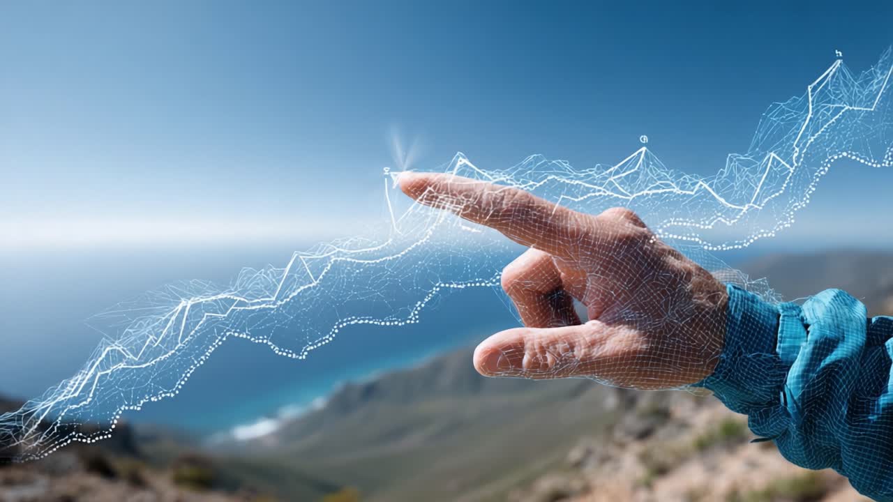 Un Gesto della Mano Futuristico che Rappresenta la Visualizzazione dei Dati e il Progresso, Ambientato su uno Splendido Paesaggio Naturale con Oceano e Montagne sullo Sfondo