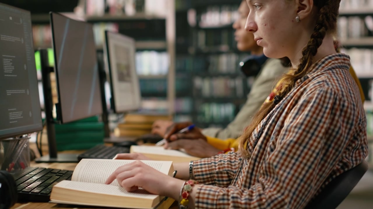 Woman student reads open book and uses desktop computer for notetaking