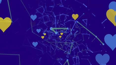 Animation-of-heart-icons-over-network-of-connections-on-blue-background