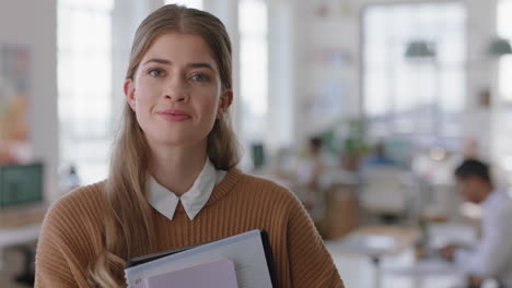 portrait beautiful business woman smiling happy entrepreneur enjoying successful startup company proud manager in office workspace