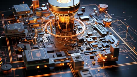 detailed view of a futuristic circuit board with illuminated components